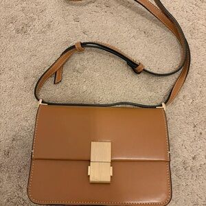 Lulu-B Brown Leather Crossbody with Gold-Tone Push Lock